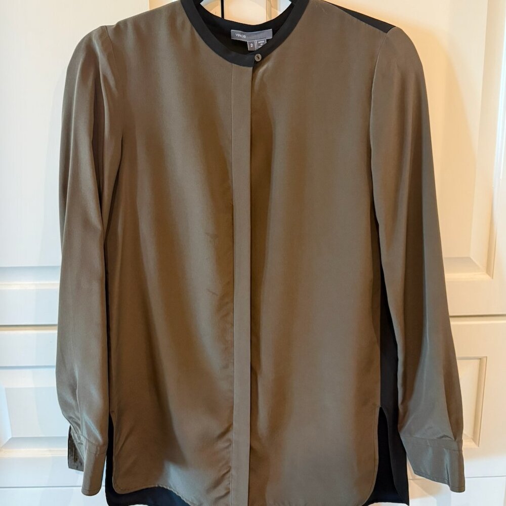 100% Silk Forest Green Vince Blouse with Black Back Detail